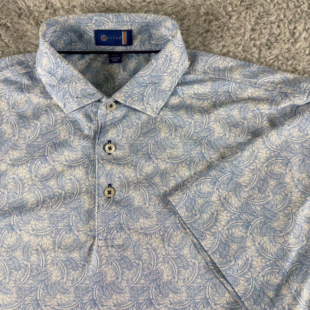 Stitch Golf Mens Blue White Pattern Performance Polo Shirt Size ML Short Sleeve